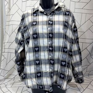 Jane‎ Ashley Button Down Shirt Size M Black White Plaid Heart Print Long Sleeve